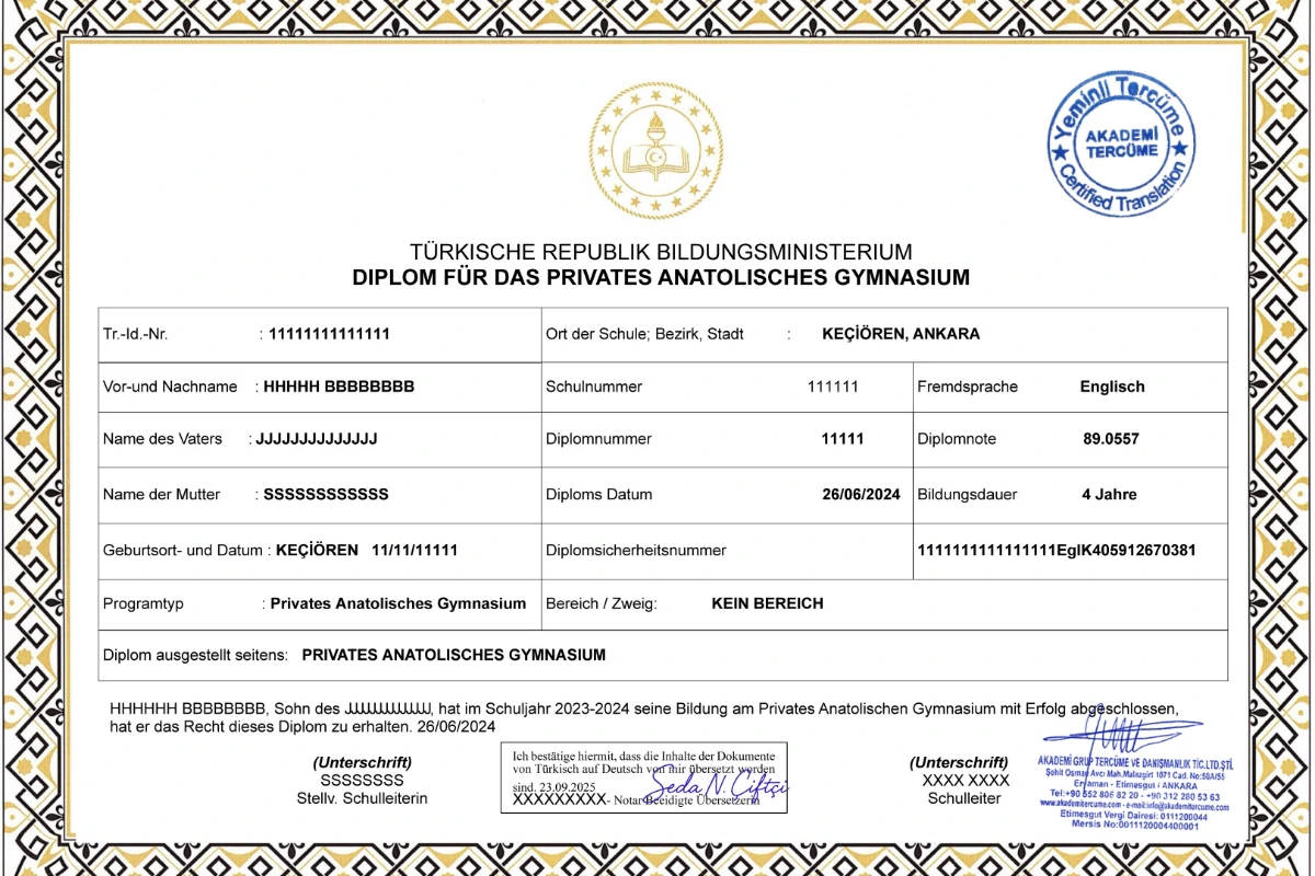 almanca diploma çeviri örneği