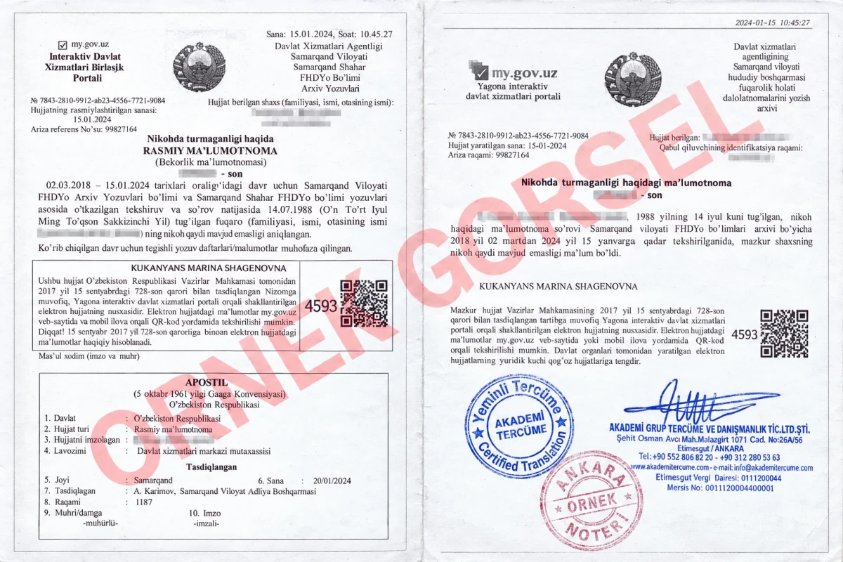 Bekarlık belgesi tercümesi ve evlenme ehliyet belgesi