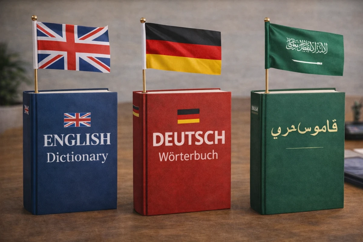 İngilizce, Almanca ve Arapça dil seçeneklerini temsil eden sözlük ve bayraklar
