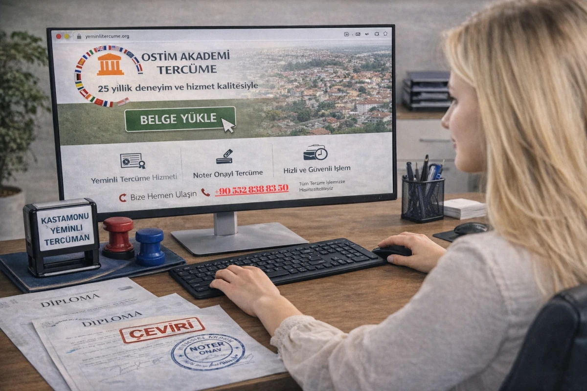 Bilgisayar başında dosya yükleyen kullanıcı, online tercümanlık süreci